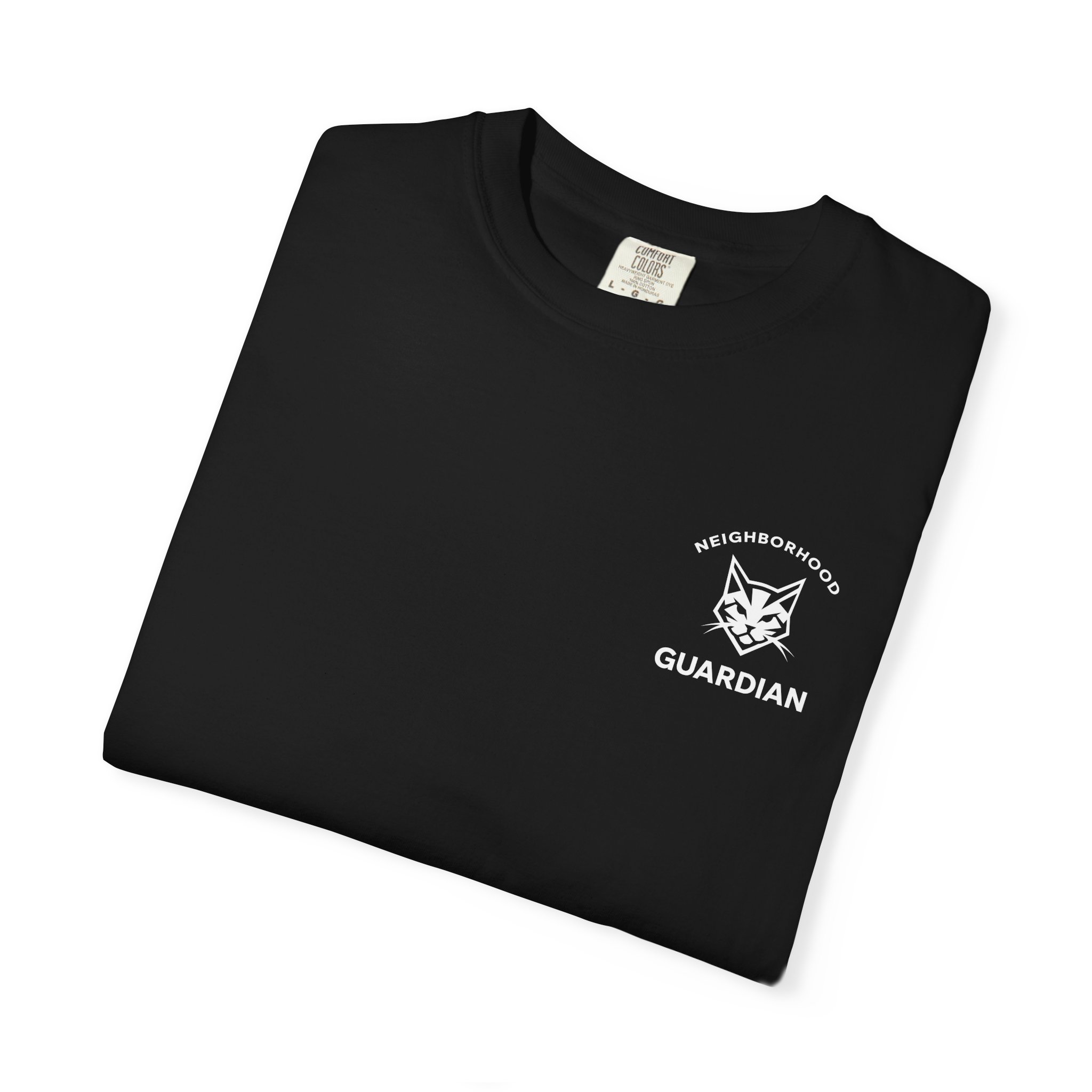 neighborhood cat guardian t-shirt with badge design on back worn while feeding outdoor cat