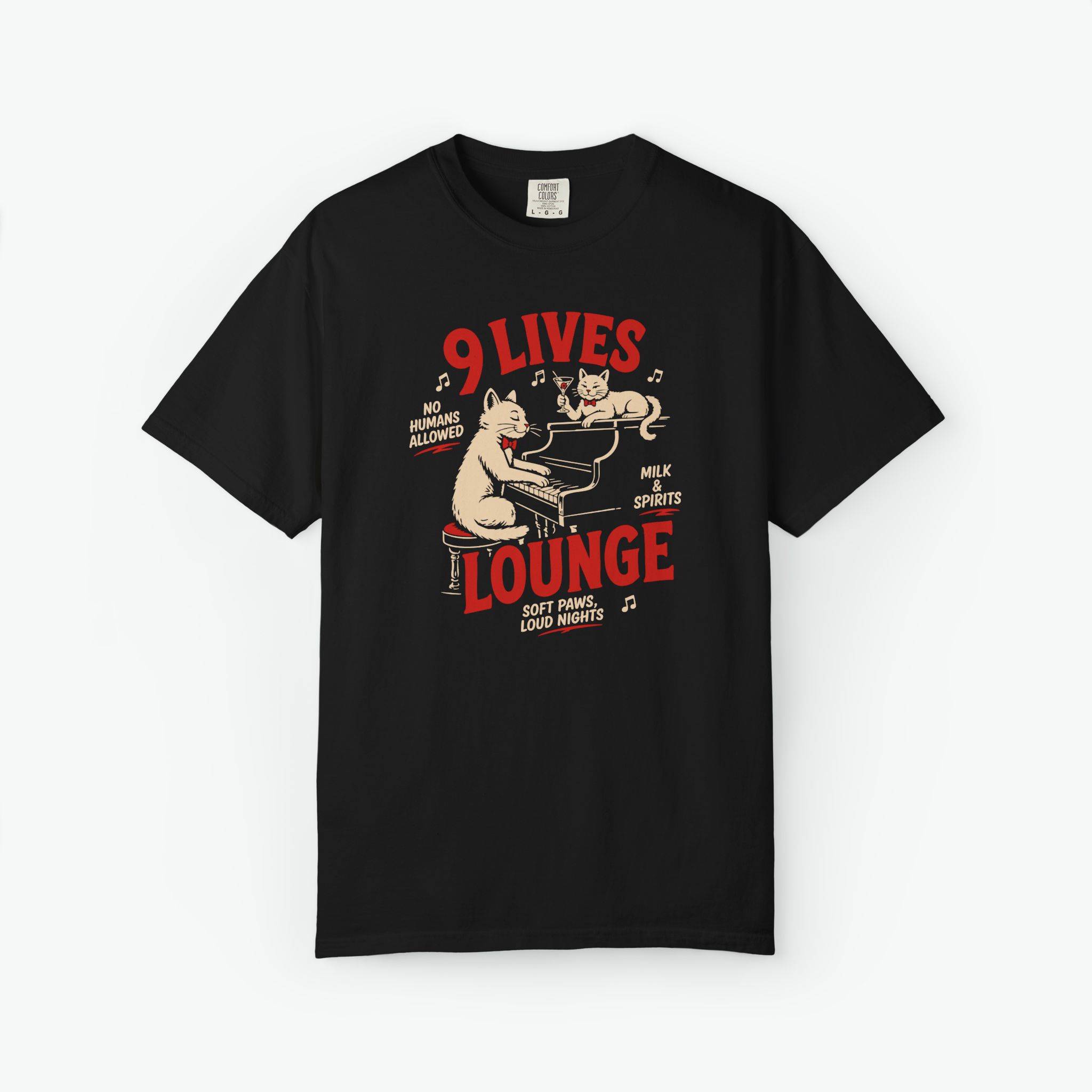 9 lives lounge t-shirt with cats playing piano and drinking in vintage lounge style design