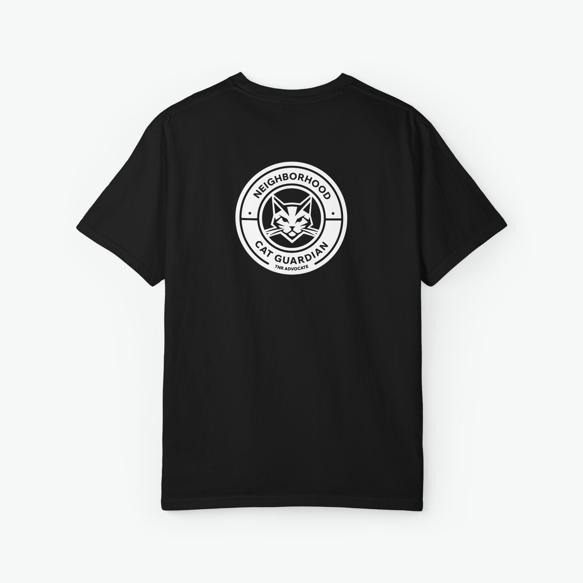 neighborhood cat guardian t-shirt with badge design on back worn while feeding outdoor cat