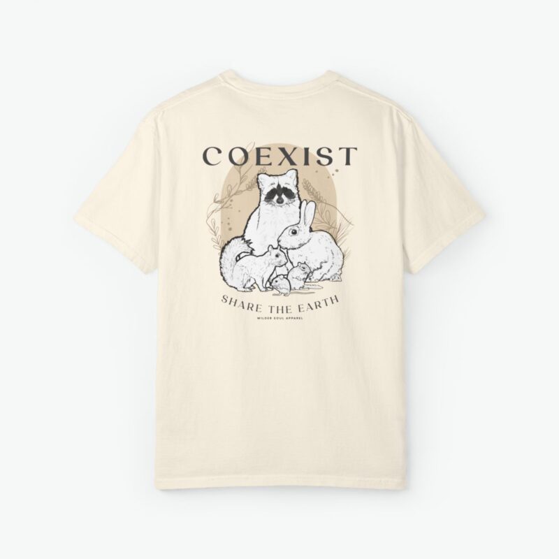 coexist wildlife t-shirt featuring raccoon rabbit squirrel and mouse illustration with share the earth message on a garment-dyed tee