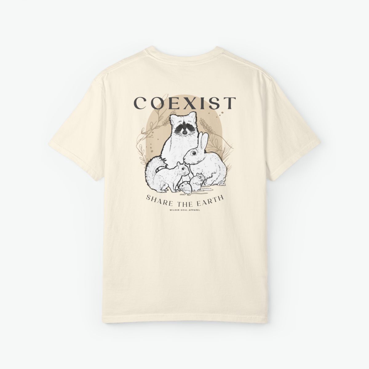 coexist wildlife t-shirt featuring raccoon rabbit squirrel and mouse illustration with share the earth message on a garment-dyed tee