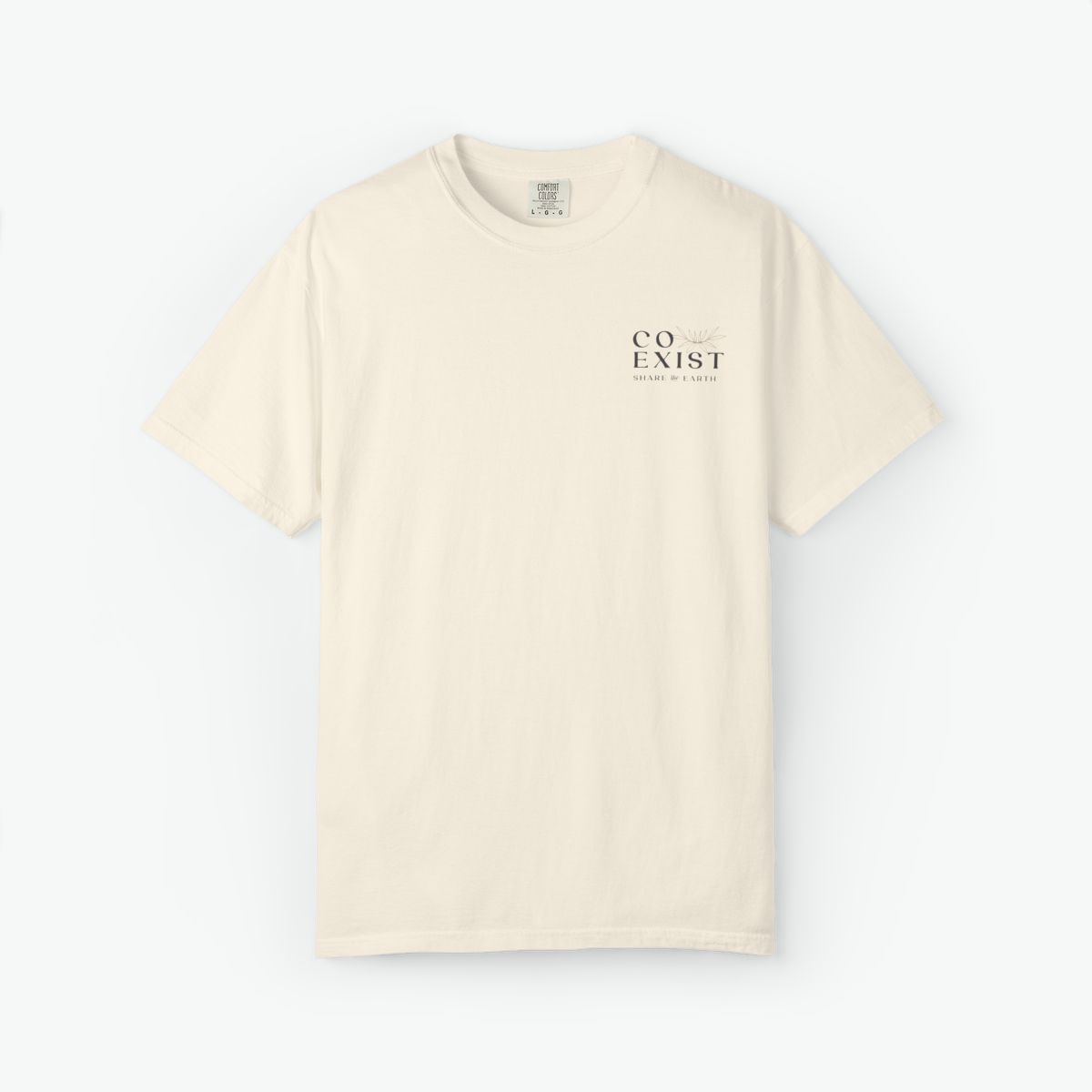 coexist wildlife t-shirt featuring raccoon rabbit squirrel and mouse illustration with share the earth message on a garment-dyed tee