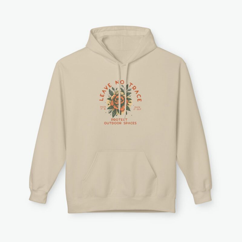 leave no trace hoodie with nature-inspired graphic and protect outdoor spaces message on brown hoodie
